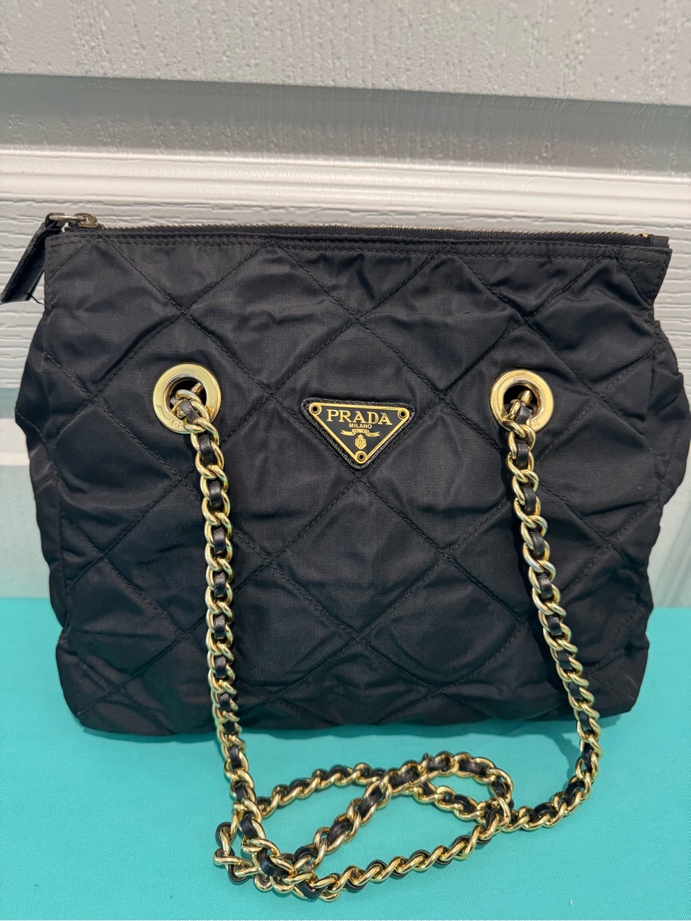Prada Black Quilted Nylon Crossbody with Gold Chain Handles